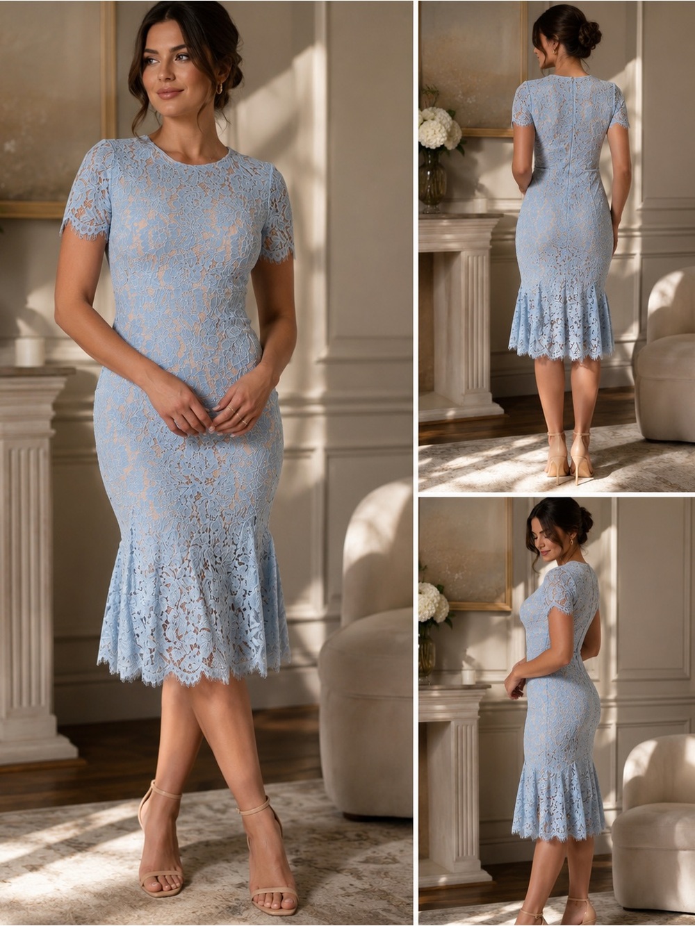 Feminine Light Blue Lace Midi Dress with Fluted Hem